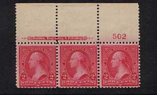 view larger image for Plate Number Blocks Plate Number Blocks: SG Number 270 / Scott Number 2c Carmine - Type III (1895) - A superb unmounted mint top marginal imprint and Plate number strip of three.