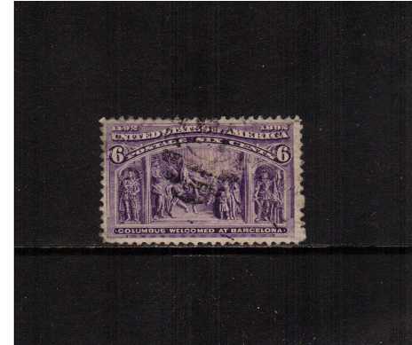 view larger image for Commemoratives 1893 Columbian - Early Period Commemoratives: SG Number 240 / Scott Number 6c 'Columbus Welcomed at Barcelona' (1893) - A good sound used stamp showing two broken pin varieties at right.