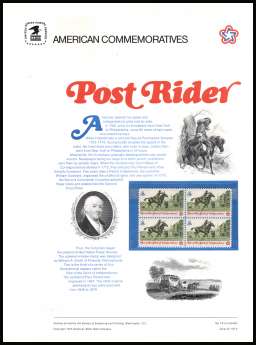 view larger image for Commemorative Panels Commemorative Panels: SG Number 1483 / Scott Number Panel Number 16 (1973) - Colonial America - Post Rider
<br/><br/>
<b>COMMEMORATIVE PANEL 16 </b>