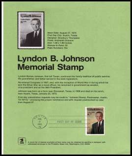 view larger image for Pages Pages: SG Number 1509 / Scott Number 27 August 1973 (1973) - President Lyndon B. Johnson
<br/><b>Official Souvenir Page</b>