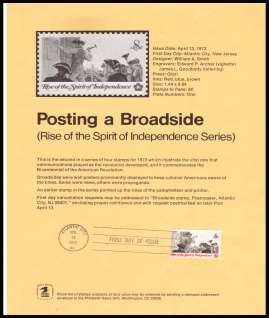 view larger image for Pages Pages: SG Number 1482 / Scott Number 13 April 1973 (1973) - Posting a Broadside
<br/>
Spirit of Independence Series<br/><b>Official Souvenir Page</b>