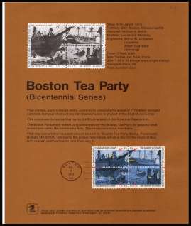 view larger image for Pages Pages: SG Number 1501-1504 / Scott Number 4 July 1973 (1973) - Boston Tea Party
<br/>
Bicentenary Series<br/><b>Official Souvenir Page</b>