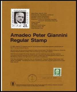 view larger image for Pages Pages: SG Number 1389 / Scott Number 27 June 1973 (1973) - 21c Amadeo Giannini definitive
<br/><b>Official Souvenir Page</b>
