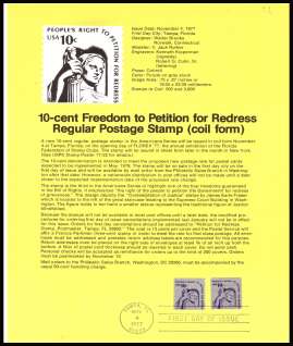 view larger image for Pages Pages: SG Number 1603 / Scott Number 4 November 1977 (1977) - 10c Freedom to Petition - sheet stamp - coil single 
<br/><b>Official Souvenir Page</b>