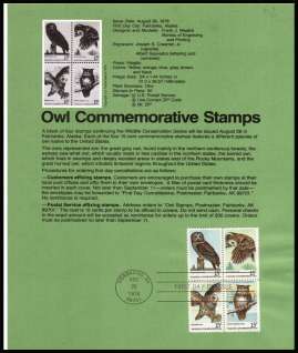 view larger image for Pages Pages: SG Number 1731-1734 / Scott Number  (1978) - Owls
<br/><b>Official Souvenir Page</b>