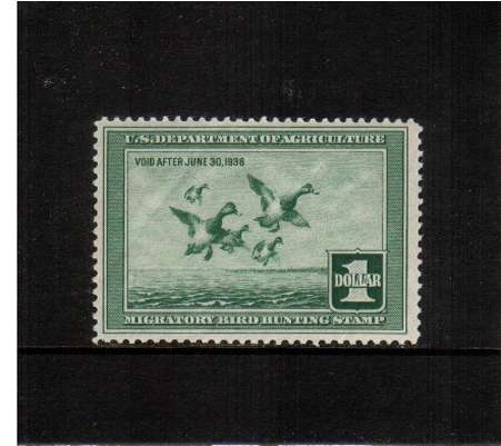 view larger image for Federal Ducks Federal Ducks: SG Number  / Scott Number $1 (1937) - Migratory Bird Hunting and Conservation Stamp<br/>
Inscribed 'Void after June 30th, 1938'<br/>
A superb unmounted mint single.