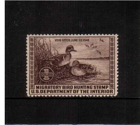 view larger image for Federal Ducks Federal Ducks: SG Number  / Scott Number $1 (1939) - Migratory Bird Hunting and Conservation Stamp<br/>
Inscribed 'Void after June 30th, 1940'<br/>
A superb unmounted mint single.