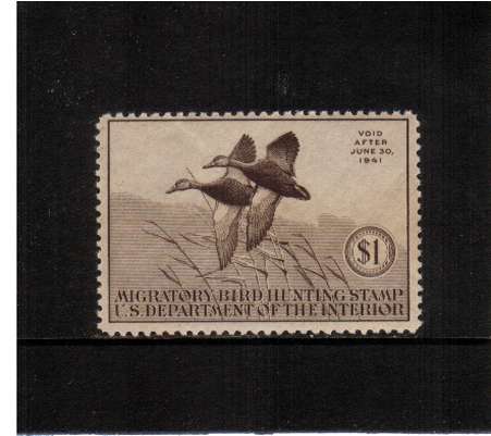view larger image for Federal Ducks Federal Ducks: SG Number  / Scott Number $1 (1940) - Migratory Bird Hunting and Conservation Stamp<br/>
Inscribed 'Void after June 30th, 1941'<br/>
A superb unmounted mint single.
