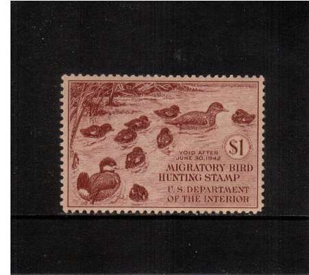 view larger image for Federal Ducks Federal Ducks: SG Number  / Scott Number $1 (1941) - Migratory Bird Hunting and Conservation Stamp<br/>
Inscribed 'Void after June 30th, 1942'<br/>
A superb unmounted mint single.