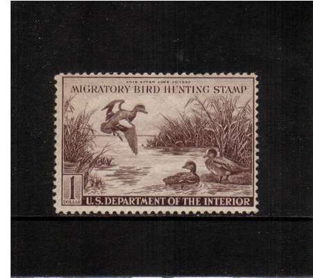 view larger image for Federal Ducks Federal Ducks: SG Number  / Scott Number $1 (1942) - Migratory Bird Hunting and Conservation Stamp<br/>
Inscribed 'Void after June 30th, 1943'<br/>
A superb unmounted mint single.