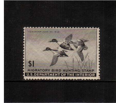 view larger image for Federal Ducks Federal Ducks: SG Number  / Scott Number $1 (1945) - Migratory Bird Hunting and Conservation Stamp<br/>
Inscribed 'Void after June 30th, 1946'<br/>
A superb unmounted mint single.