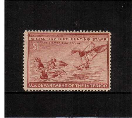 view larger image for Federal Ducks Federal Ducks: SG Number  / Scott Number $1 (1946) - Migratory Bird Hunting and Conservation Stamp<br/>
Inscribed 'Void after June 30th, 1947'<br/>
A superb unmounted mint single.