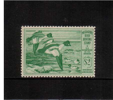 view larger image for Federal Ducks Federal Ducks: SG Number  / Scott Number $2 (1949) - Migratory Bird Hunting and Conservation Stamp<br/>
Inscribed 'Void after June 30th, 1950'<br/>
A superb unmounted mint single.
