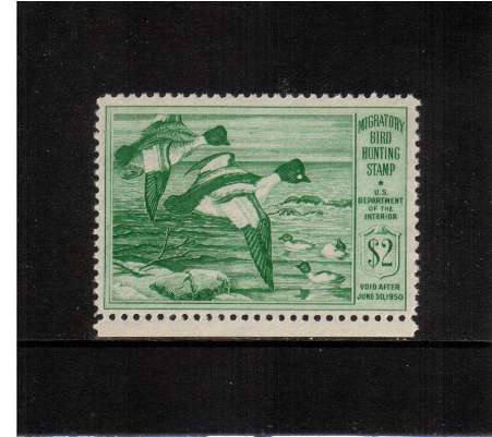 view larger image for Federal Ducks Federal Ducks: SG Number  / Scott Number $2 (1949) - Migratory Bird Hunting and Conservation Stamp<br/>
Inscribed 'Void after June 30th, 1950'<br/>
A superb unmounted mint lower marginal single.