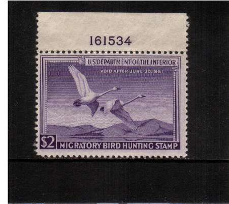 view larger image for Federal Ducks Federal Ducks: SG Number  / Scott Number $2 (1950) - Migratory Bird Hunting and Conservation Stamp<br/>
Inscribed 'Void after June 30th, 1951'<br/>
A superb unmounted mint top marginal plate number single.