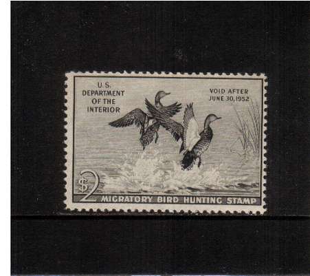 view larger image for Federal Ducks Federal Ducks: SG Number  / Scott Number $2 (1951) - Migratory Bird Hunting and Conservation Stamp<br/>
Inscribed 'Void after June 30th, 1952'<br/>
A superb very lightly mounted mint single with a trace of a hing mark.