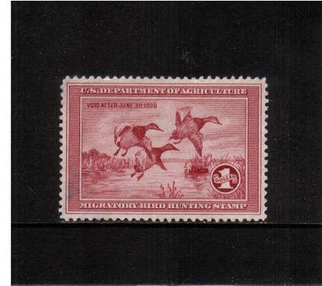 view larger image for Federal Ducks Federal Ducks: SG Number  / Scott Number $1 (1935) - Migratory Bird Hunting and Conservation Stamp
Inscribed 'Void after June 30th, 1936'. A very fine used example.