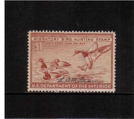 view larger image for Federal Ducks Federal Ducks: SG Number  / Scott Number $1 (1946) - Migratory Bird Hunting and Conservation Stamp
Inscribed 'Void after June 30th, 1947'. A fine used stamp.