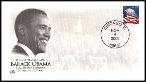 view larger image for Covers + Postal History Covers + Postal History: SG Number stamp varies / Scott Number  (2008) - Barack Obama Election Day unaddressed ''Artcraft'' cover cancelled with a CHICAGO - IL cancel dated NOV 4 2008, the day of election as 44th president.