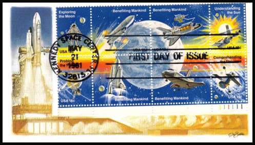 view larger image for  : SG Number 1886a / Scott Number 1919a (1981) - Space Achievements block of eight on colour unaddressed Fleetwood first day cover cancelled with a FDI cancel for KENNEDY SPACE CENTER - FL
dated MAY 21 1981