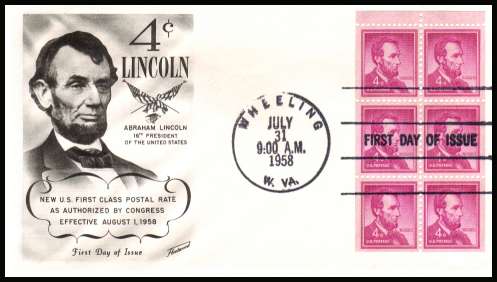 view larger image for First Day Covers First Day Covers: SG Number 1034a / Scott Number  (1958) - Lincoln 4c booklet pane of six on  unaddressed Fleetwood first day cover cancelled with a FDI cancel for WHEELING - W.VA. dated JULY 31 1958