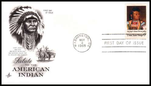 view larger image for  : SG Number 1349 / Scott Number 1364 (1968) - American Indian - Chief Joseph 6c single on an unaddressed ''Artcraft'' first day cover cancelled with a FDI cancel for WASHINGTON - DC
dated NOV 4 1968