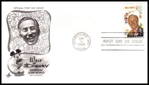 view larger image for  : SG Number 1340 / Scott Number 1355 (1968) - Walt Disney 6c single on an unaddressed ''Artcraft'' first day cover cancelled with a FDI cancel for
dated