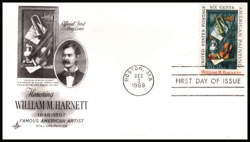 view larger image for  : SG Number 1376 / Scott Number 1386 (1969) - William, M. Harnett 6c single on unaddressed ''Artcraft'' first day cover cancelled with a FDI cancel for
dated