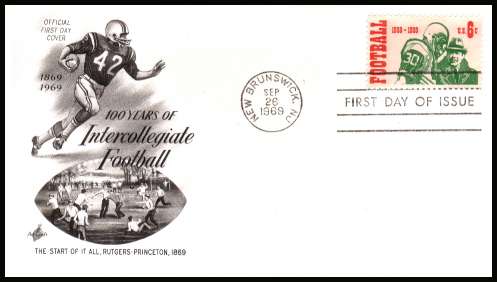 view larger image for  : SG Number 1370 / Scott Number 1382 (1969) - College Football 6c single on unaddressed ''Artcraft'' first day cover cancelled with a FDI cancel for NEW BRUNSWICK - NJ
dated SEP 26 1969