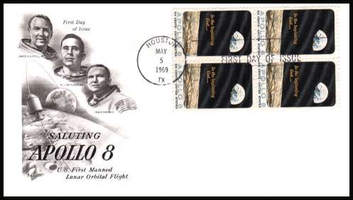 view larger image for  : SG Number 1358 / Scott Number 1371 (1969) - Apollo 8 6c single as a block of four on unaddressed ''Artcraft'' first day cover cancelled with a FDI cancel for HOUSTON - TX
dated MAY 5 1969