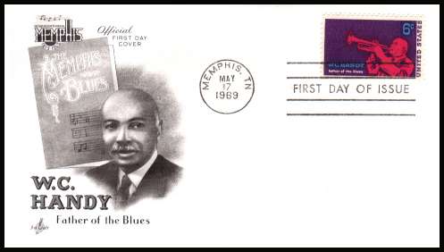 view larger image for  : SG Number 1359 / Scott Number 1372 (1969) - W. C. Handy 6c single on unaddressed ''Artcraft'' first day cover cancelled with a FDI cancel for MEMPHIS - TN
dated MAY 17 1969