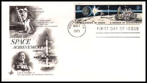 view larger image for  : SG Number 1438b / Scott Number 1434a (1971) - Space Achievements pair of 8c stamps on an unaddressed ''Artcraft'' first day cover cancelled with a FDI HOUSTON - TX cancel for  
dated AUG 2 1971
