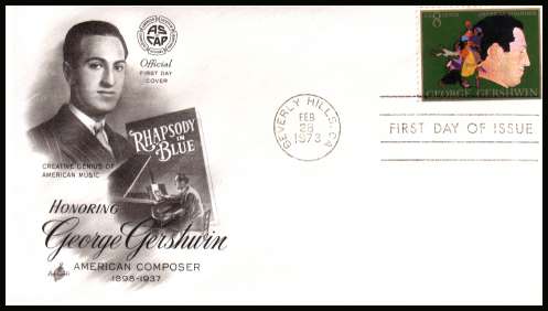 view larger image for  : SG Number 1485 / Scott Number 1484 (1973) - American Arts - George Gershwin 8c single on an unaddressed ''Artcraft'' first day cover cancelled with a FDI cancel for BEVERLEY HILL - CA
 dated FEB 28 1973
