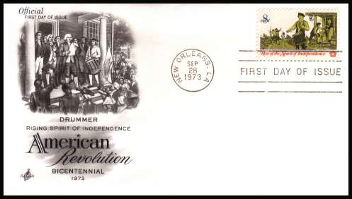 view larger image for  : SG Number 1484 / Scott Number 1479 (1973) - American Revolution -  Drummer  - 8c single on an unaddressed ''Artcraft'' first day cover cancelled with a FDI cancel for NEW ORLEANS - LA
 dated SEP 28 1973