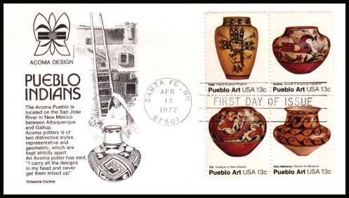 view larger image for  : SG Number 1685a / Scott Number 1709a (1977) - Pueblo Art  block of four on an unaddressed Aristcrat Cachet
first day cover cancelled with a FDI cancel for SANTA FE - NM
dated APR 13 1977