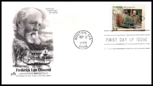 view larger image for  : SG Number 3645 / Scott Number 3338 (1999) - Frederick Law Olmstead - Landscape Architect single 
on an unaddressed ''Artcraft'' first day cover cancelled with a FDI cancel for BOSTON - MA
dated SEP 12 1999
