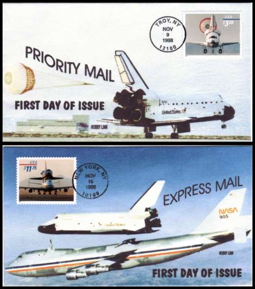 view larger image for  : SG Number 3538-3539 / Scott Number 3261-3262 (1998) - $3.20 and $11.75 set of two Priority mail Space Shuttle stamps on two full colour First Dat Covers cancelled with a FDI cancel for NEW YORK - NY dated NOV 19 1998