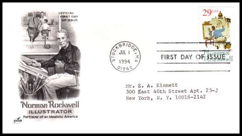 view larger image for  : SG Number 2919 / Scott Number 2839 (1994) - Norman Rockwell 29c single on a typed addressed ''Artcraft'' first day cover cancelled with a FDI cancel for STOCKBRIDGE - MA dated JUL 1 1994