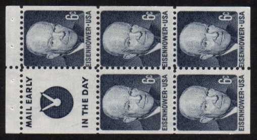view larger image for  : SG Number 1383b / Scott Number 1393b (1970) - Eisenhower<br/>
Booklet pane of five<br/> 
Slogan: 'Mail Early'