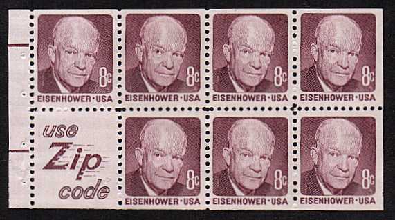 view larger image for  : SG Number 1385d / Scott Number 1395dv (1970) - Eisenhower<br/>
Booklet pane of seven<br/>
Slogan: 'Use Zip Code'
