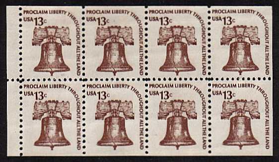 view larger image for  : SG Number 1586c / Scott Number 1595c (1975) - Liberty Bell<br/>
Booklet pane of eight