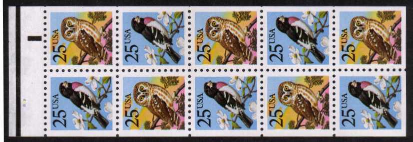 view larger image for  : SG Number 2355a / Scott Number 2285b (1988) - Grosbeak and Owl<br/>
Booklet pane of ten