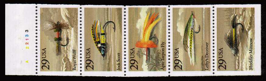 view larger image for  : SG Number 2584a / Scott Number 2549a (1991) - Fishing Flies<br/>
Booklet pane of 5