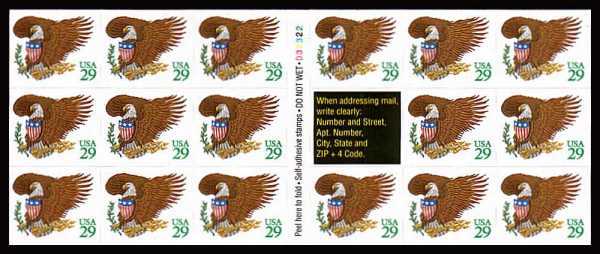 view larger image for  : SG Number - / Scott Number 2596a (1992) - Eagle & Shield<br/>
29c value in GREEN<br/>
Booklet pane of 17
<br/><br/>
Self adhesive
