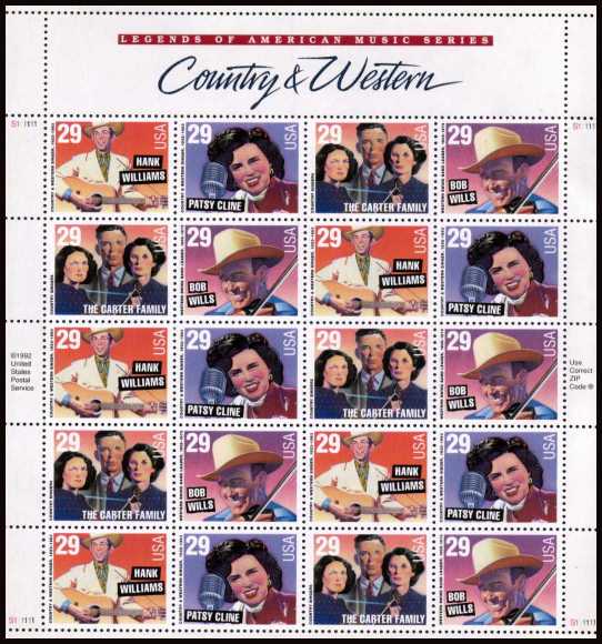 view larger image for  : SG Number 2815v / Scott Number 2774v (1993) - Country and Western Music<br/>
Special sheet of 20 with label at top