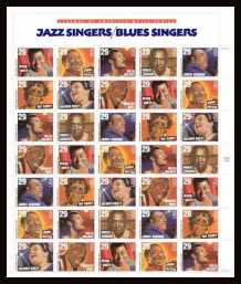 view larger image for  : SG Number 2936v / Scott Number 2861v (1994) - Jazz Singers - Blues Singers<br/>
Sheet of 35 with special label at top