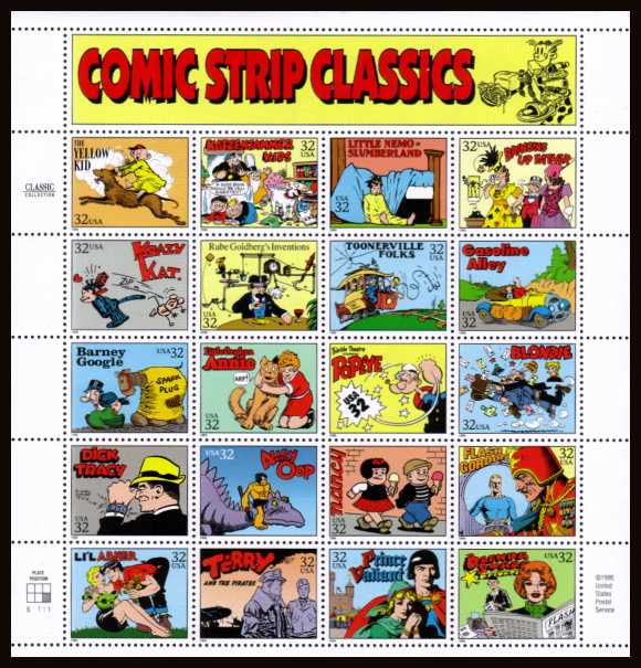 view larger image for  : SG Number 3131a / Scott Number 3000 (1995) - Comic Strip Classics <br/>Sheet of 20 with special label at top