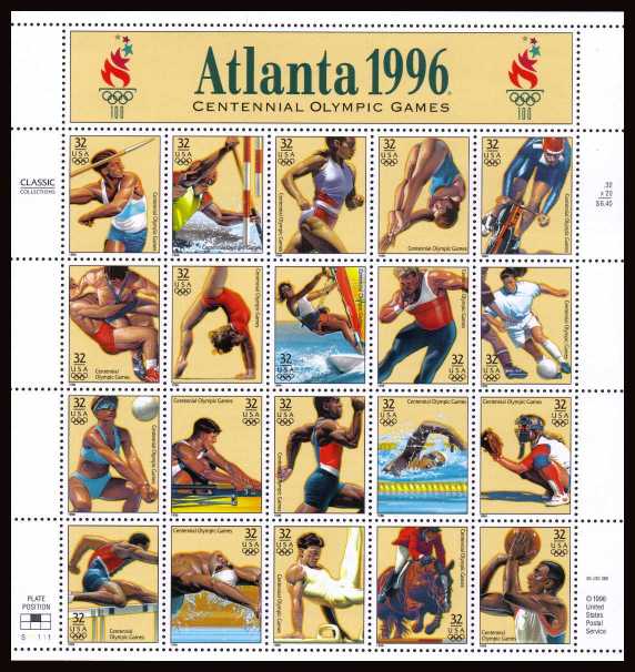 view larger image for  : SG Number 3184a / Scott Number 3068 (1996) - Summer Olympics Games <br/>Sheet of 20 with special label at top