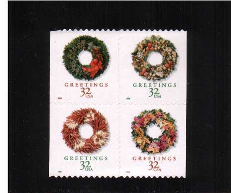 view larger image for Commemoratives 1996 - 1998 - Later Period Commemoratives: SG Number 3526a / Scott Number 32c x4 (1998) - Christmas Wreaths<br/>
Small size <br/>
Block of 4
<br/><br/>
Self adhesive
