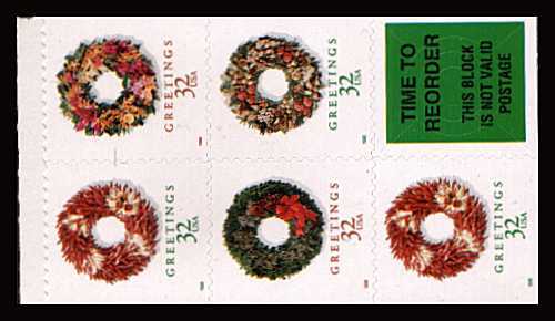 view larger image for Commemoratives 1996 - 1998 - Later Period Commemoratives: SG Number - / Scott Number 32c x5 (1998) - Christmas - Wreaths<br/>
Booklet pane of SC3246,6,8 + 2x3247 + label<br/><br/>
Self adhesive